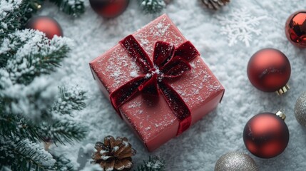 Aufkleber - A beautifully wrapped red gift with a glittery ribbon sits amidst snow, surrounded by Christmas ornaments and pine cones, creating a cozy winter and holiday atmosphere.