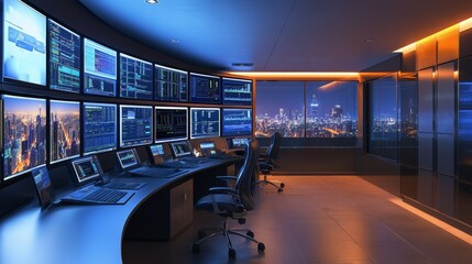  - A modern control room featuring multiple screens displaying data analytics, overlooking a city skyline at night.