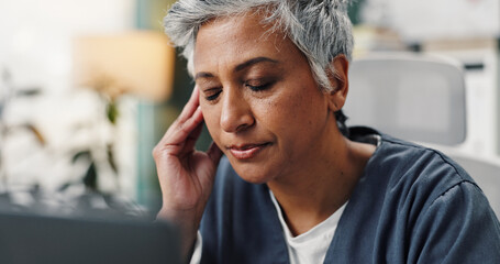 Poster - Mature woman, doctor and headache with laptop in hospital for burnout, medical fail and deadline stress. Physician, health worker or migraine in office with brain fog, fatigue or overworked in clinic