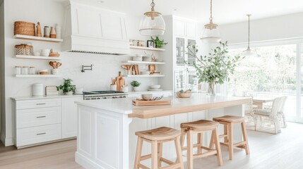 Poster - A bright, modern kitchen showcases sleek white cabinets and a spacious wooden island