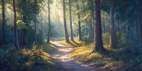 Sticker - A dirt path winds through a lush green forest with tall trees casting shadows on the ground, lit by the warm glow of the sun.