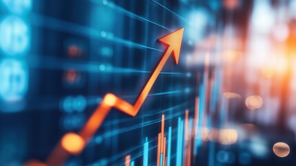 Poster - Bright arrow pointing upward on a financial dashboard, highlighting steady growth and improvement in business performance. The futuristic look adds a dynamic touch