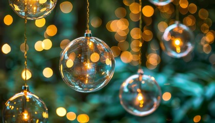 garland made from lot of glass transparent balls, inside the balls there are neon golden glowing lights, shape Christmas tree without wood, festive blurred green background