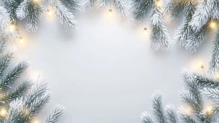 Wall Mural - white christmas background with spruce frosty brunches and christmas lights