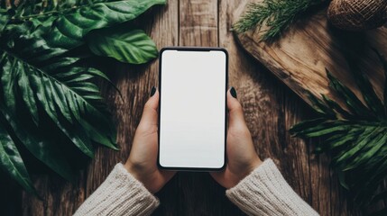 Poster - Close-up of hands holding a smartphone with a blank white display, ideal for mockups or app presentations.