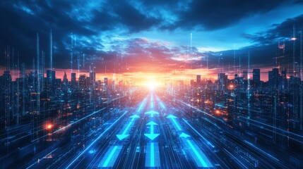 Poster - Digital futuristic landscape with blue arrows illuminated, pointing ahead and symbolizing the path to future success and innovation