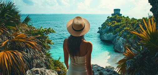 A woman wearing a straw hat stands on a beach looking out at the ocean