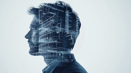 Poster - Double exposure of an engineer and digital building blueprints, representing future urban development and high-tech construction projects