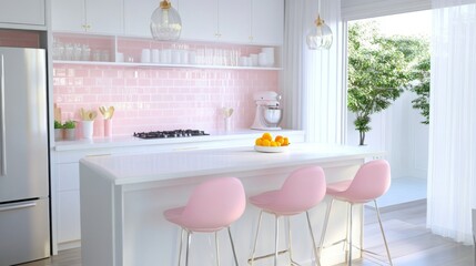 Poster - A kitchen with white cabinets and a pink tiled backsplash. A white kitchen island with a white countertop and pink stools sits in the center of the room.