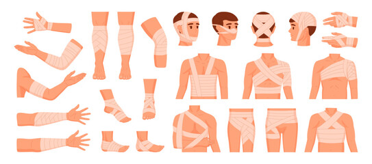 Wall Mural - bandaged human body parts. injured head, leg, hand, emergency hospital treatment for wounds, bruises