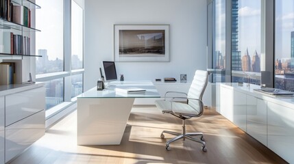 Aufkleber - A contemporary office setting features a sleek glass desk, ergonomic chair, and open space with large windows. The bright room overlooks a bustling city skyline, creating an inspiring workspace.