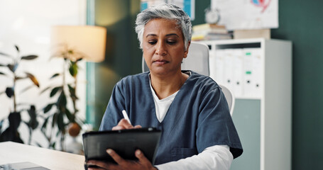 Wall Mural - Office, woman and nurse with writing on tablet with stylus pen for patient appointments, schedule and calendar. Female person, medical professional and closeup in desk with digital notebook and diary