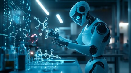 Poster - A white humanoid robot with blue accents is working in a futuristic laboratory. It has blue eyes and a black visor