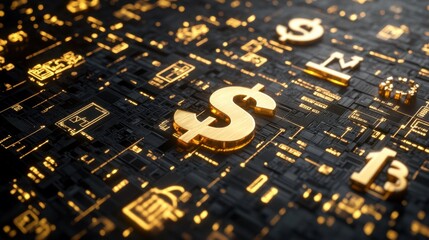 Poster - Golden financial market diagram with currency symbols, emphasizing investment, growth, and trade.