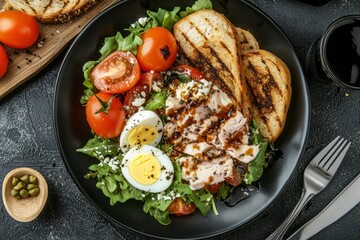 Top view of tasty salad with tomatoes, boiled egg, cheese, tuna, mix of greens served with spicy sauce with capers with grilled toasts on plate with balsamic sauce. - generative ai