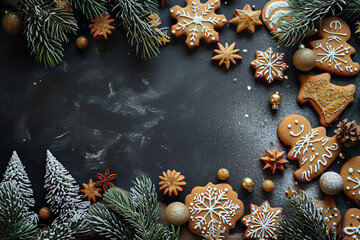 christmas cookies on dark ground with space for text, chritmas background, christmas invitation, chr