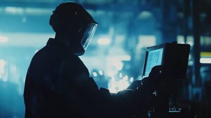 Poster - Industrial engineer in a factory, checking and controlling robotic welding arms via software systems, ensuring efficiency in automotive production processes.
