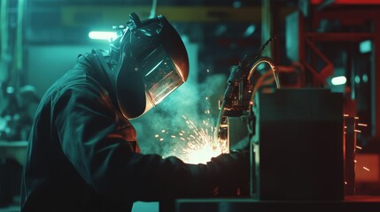 Poster - Industrial engineer in a factory, checking and controlling robotic welding arms via software systems, ensuring efficiency in automotive production processes.