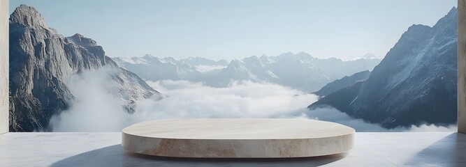 2. A minimalist design showcasing a natural beige marble stone podium on a cloud, surrounded by majestic mountains, creating a dreamy atmosphere for product display