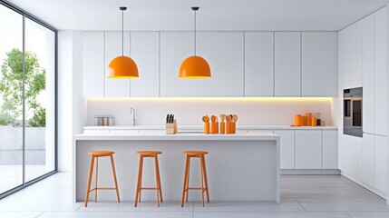 Poster - A modern kitchen with white cabinets and countertops, orange pendant lights, and three orange stools in front of a kitchen island