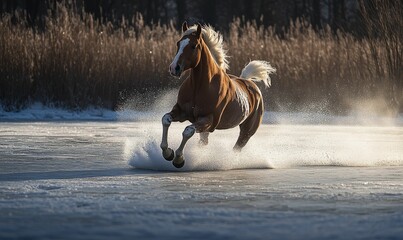 Wall Mural - A brown and white horse galloping across a frozen lake.
