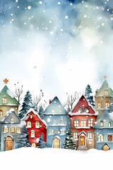 christmas village watercolor style with space for text, christmas background, christmas invitation