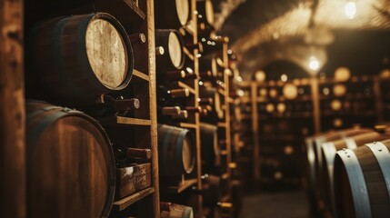 Poster - A detailed view of an old-world wine cellar featuring wooden barrels and shelves filled with various wine bottles. Generative AI