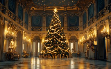 A grand Christmas tree adorned with lights and ornaments, set in an opulent room filled with festive decorations.