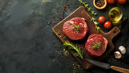 Raw meat steaks ready for cooking grilling. Two beef steaks on cutting board, with herbs, spices, olive oil, on cooking table top view copy space