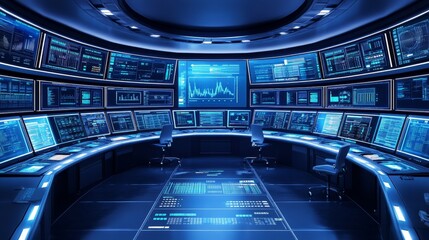  - A futuristic control room filled with screens displaying data and analytics, designed for monitoring and analysis.