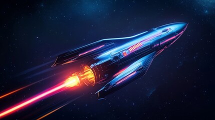 Fototapete - A sleek, silver spaceship with glowing pink lights speeds through a dark, starry expanse. A fiery orange plume erupts from the engine, propelling the ship forward.