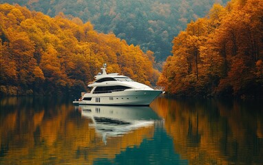 Wall Mural - A luxurious yacht anchored in a serene autumn landscape, reflecting vibrant foliage on calm waters.