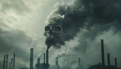 Skull-shaped smoke with industrial chimneys symbolizes carbon footprint and unhealthy air due to fumes