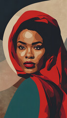 A stylized portrait of a woman with a striking red scarf and bold makeup. The background features abstract shapes in muted tones, enhancing the subject's vibrant appearance.