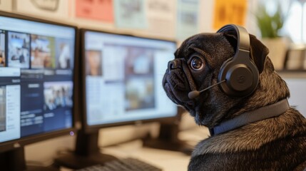 Aufkleber - A pug with large expressive eyes wears a headset while focused on a pair of computer monitors in a warm, inviting office. The playful atmosphere reflects a blend of work and pet companionship.