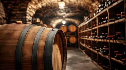 Aufkleber - Explore the charming wine cellar showcasing wooden barrels and neatly arranged wine bottles on shelves. Generative AI