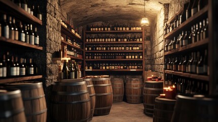 Aufkleber - Explore a spacious wine cellar filled with aged barrels and shelves of curated wine bottles under soft lighting. Generative AI