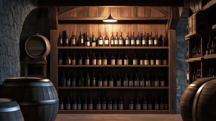 Aufkleber - A cozy wine cellar showcasing wooden barrels and shelves stocked with a variety of wine bottles for connoisseurs and enthusiasts. Generative AI