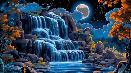 Sticker - Waterfall Under a Full Moon