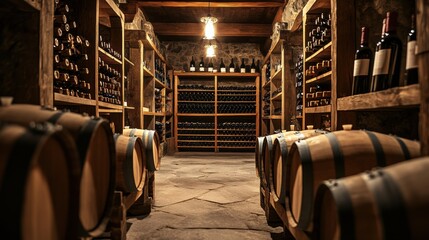 Aufkleber - Wine cellar with wooden barrels and shelves stacked high with various wine bottles, creating a rustic atmosphere for enthusiasts. Generative AI