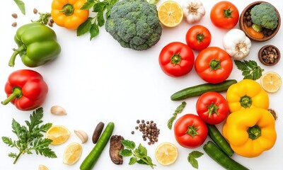 Vibrant fresh vegetables and spices, Colorful produce arrangement, White background