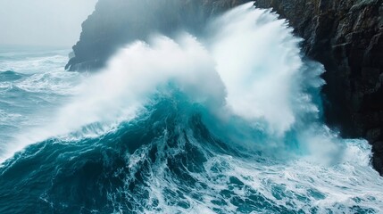 Wall Mural - powerful ocean waves crashing against rocky cliffs in a misty setting.