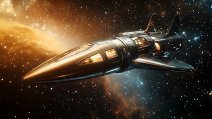 Fototapete - A silver spaceship with glowing windows travels through a field of stars with a nebula in the background.