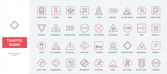 Wall Mural - Traffic signs line icon set. Warning road signs for driver to stop, notify bus, airport and gas station, pay attention to turn and intersection thin black and red outline symbols vector illustration