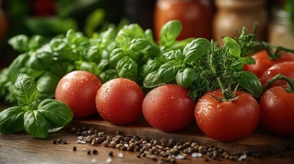 Rustic wooden table with fresh herbs and vegetables, viewed from a close angle, emphasizing the natural colors 