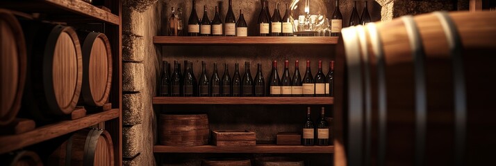 Poster - Explore a rustic wine cellar with wooden barrels and neatly arranged bottles on sturdy shelves. Generative AI