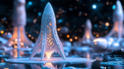 Aufkleber - A detailed rocket stands on a launchpad, illuminated from below in a surreal, starry environment. Nearby, ethereal structures rise, creating a captivating blend of technology and imagination.