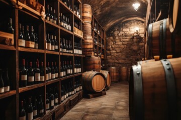Aufkleber - A rustic wine cellar featuring wooden barrels and neatly arranged shelves filled with a vast selection of wine bottles. Generative AI