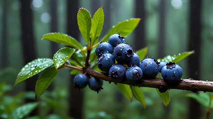 Wild blueberries are growing on a branch in a rainy forest. blueberries in the forest. Ai generative