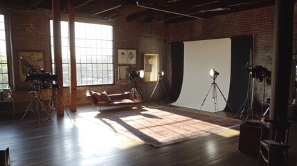 Professional photography and videography studio with lighting, backdrops, and cameras set up for a shoot.